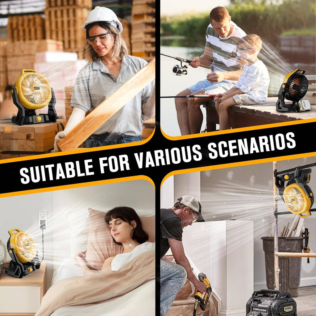 Yellow portable fan on black base with handle, used on jobsite and indoors