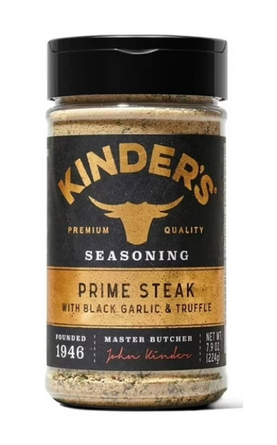 Kinder's Prime Steak seasoning bottle with black garlic & truffle, 7.9 oz