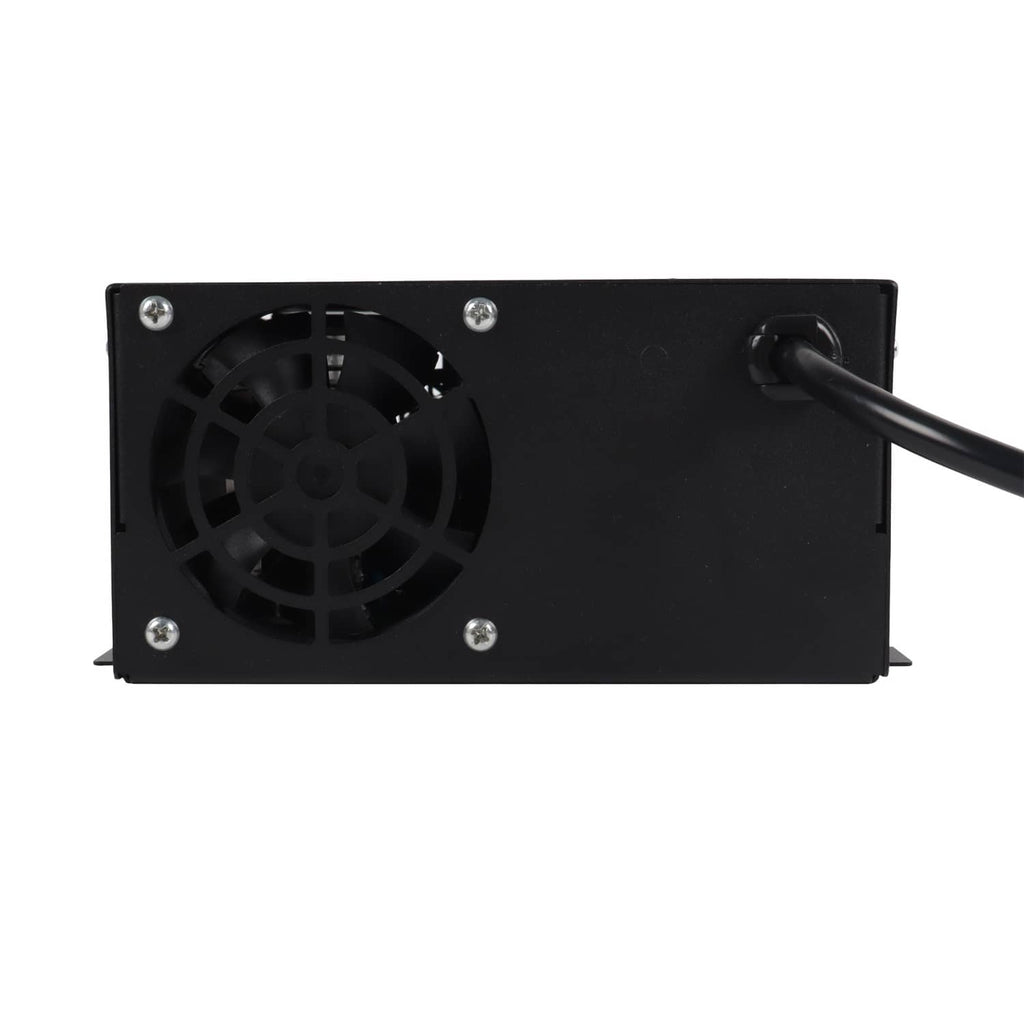 Black RV power converter front panel with cooling fan and attached power cable