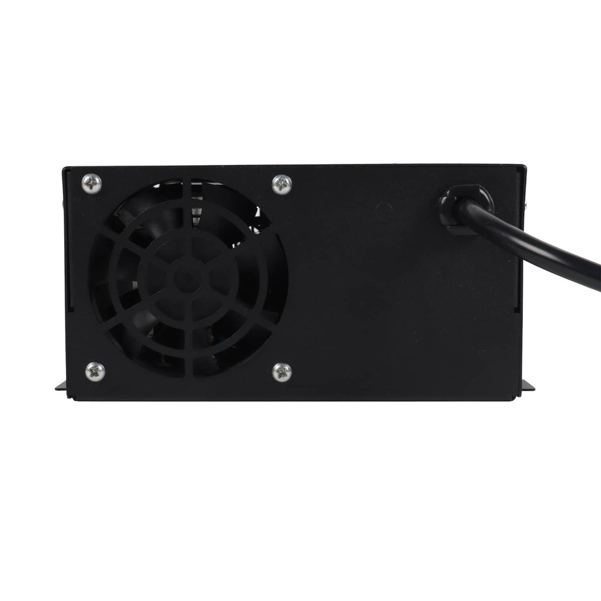 Black RV power converter front panel with cooling fan and attached power cable