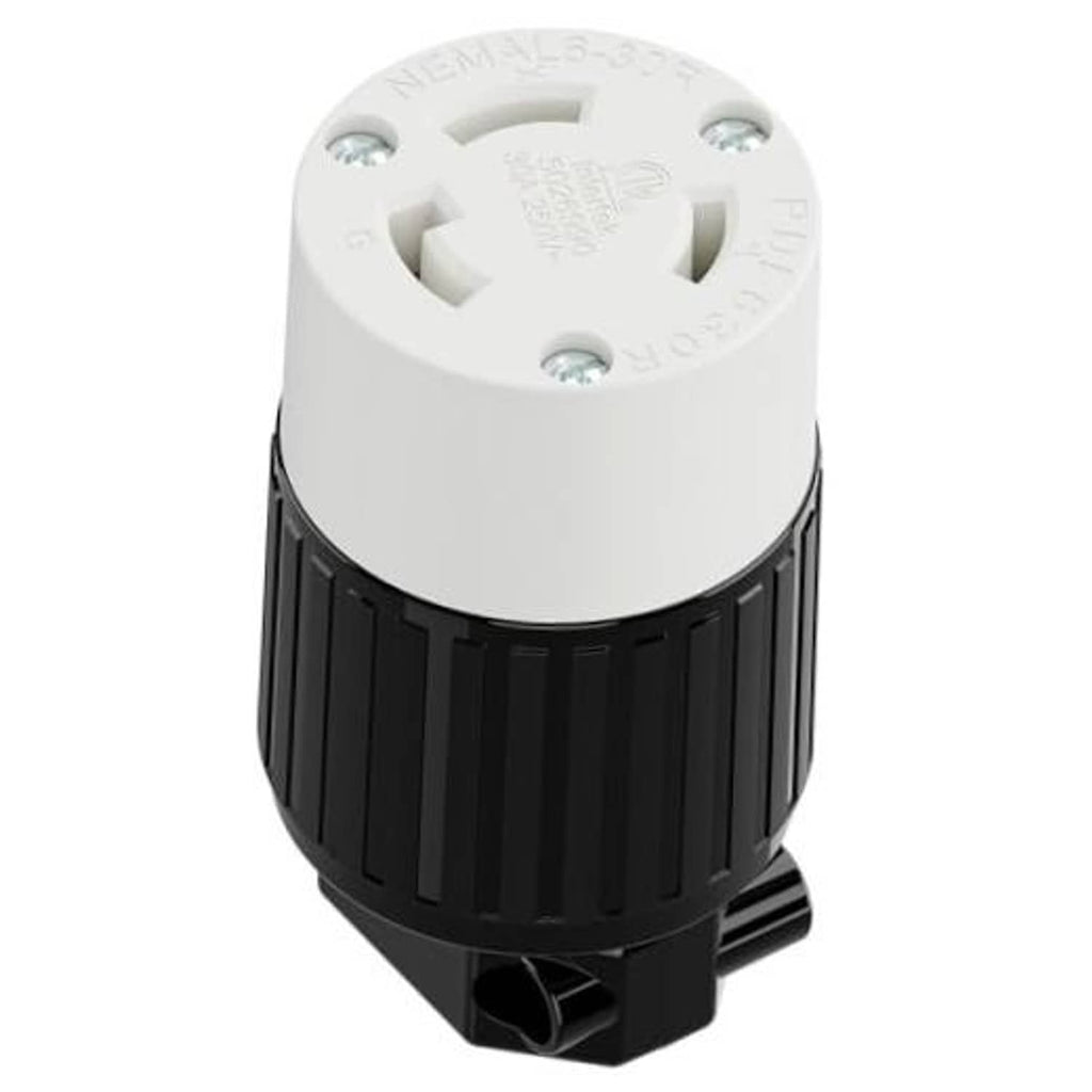 NEMA L6-30R locking plug receptacle with white face and black twist-lock housing