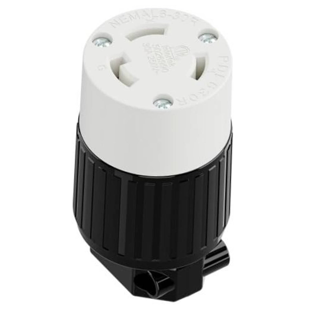 NEMA L6-30R locking plug receptacle with white face and black twist-lock housing