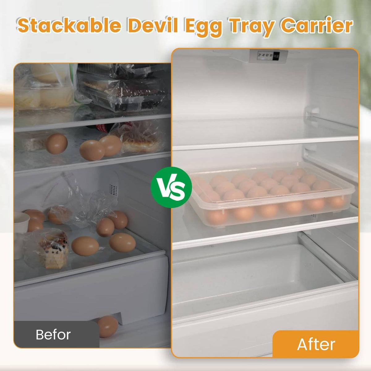 Stackable clear deviled egg tray carrier with lid, shown storing eggs in a cold unit