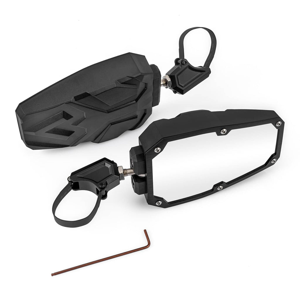 UTV side mirror set with black housing, bracket, and adjustable clamp with strap