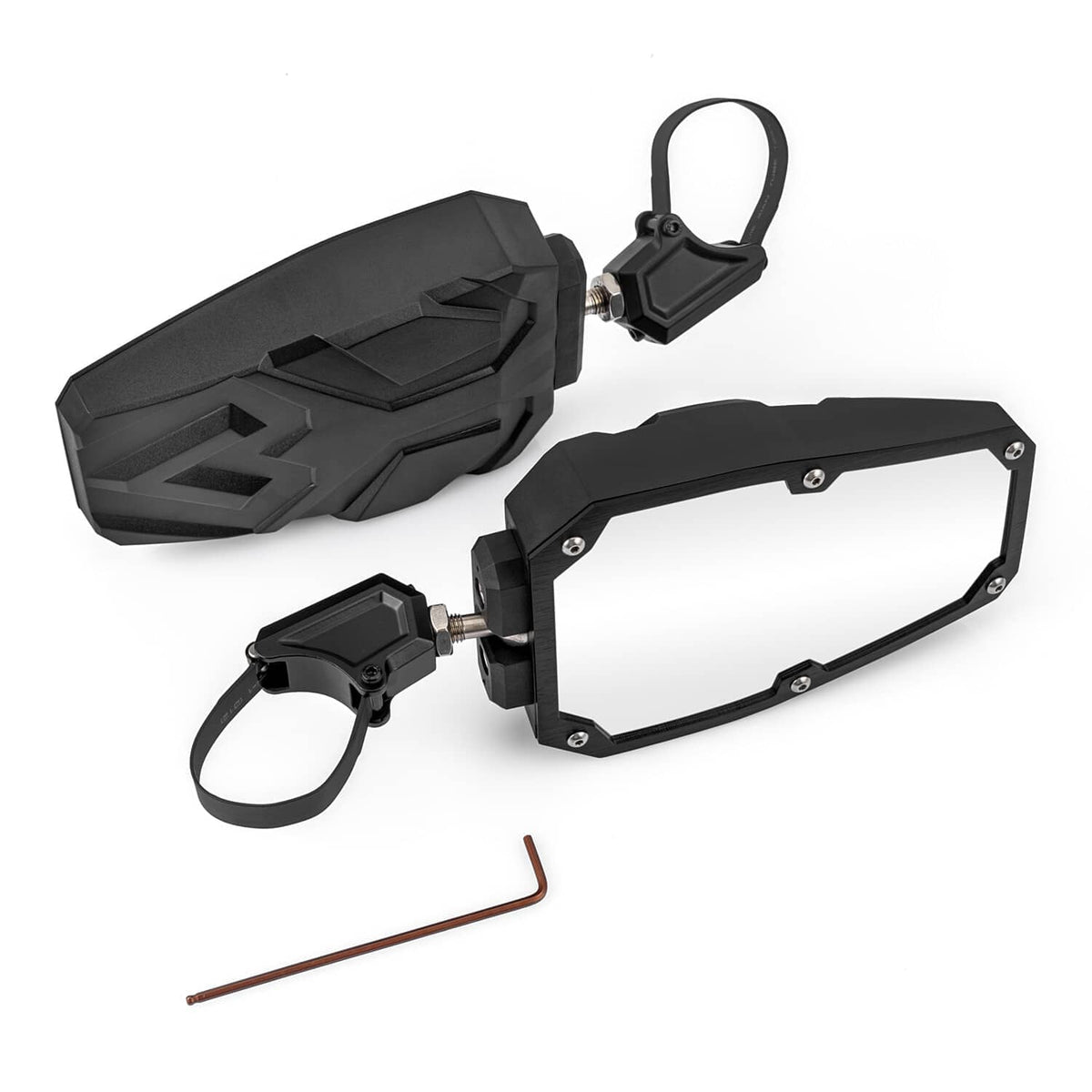UTV side mirror set with black housing, bracket, and adjustable clamp with strap
