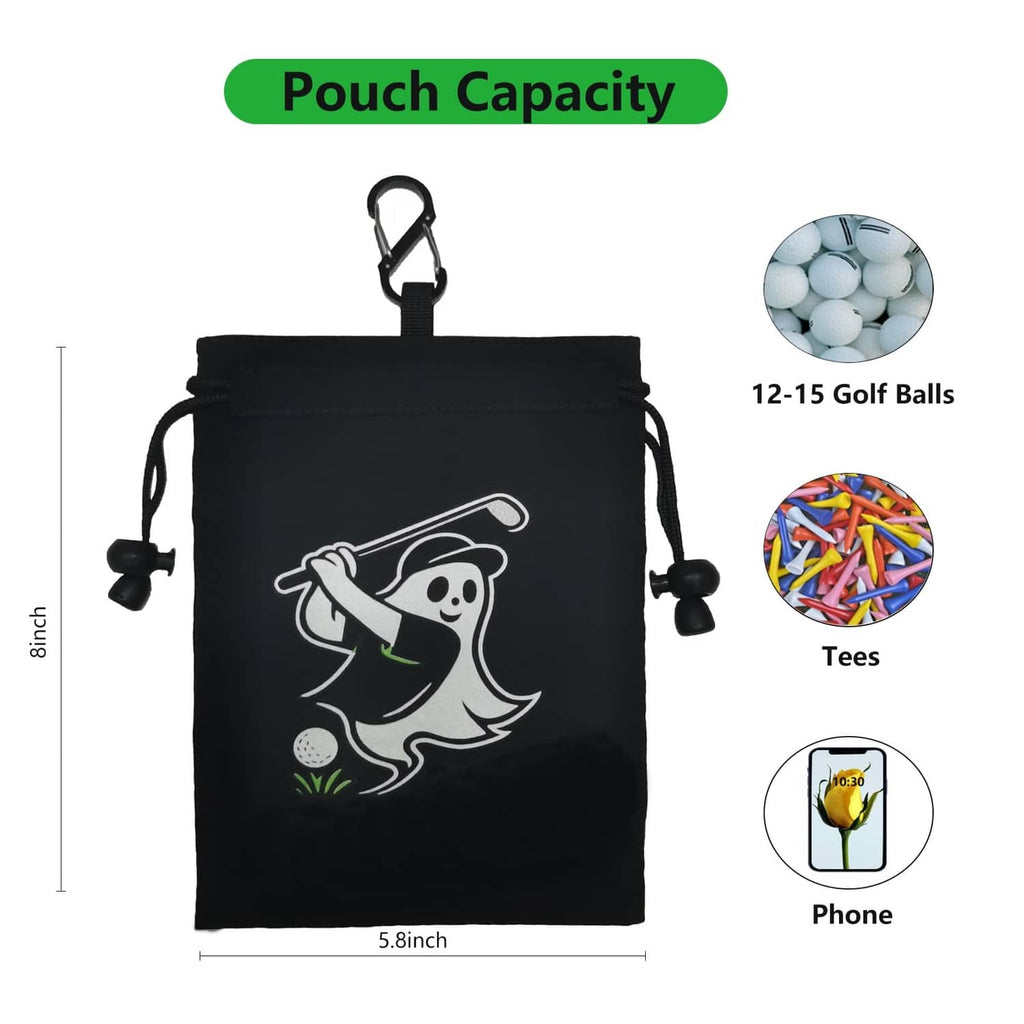 Black drawstring golf pouch with white golfer graphic, shown with small golf balls and tees.