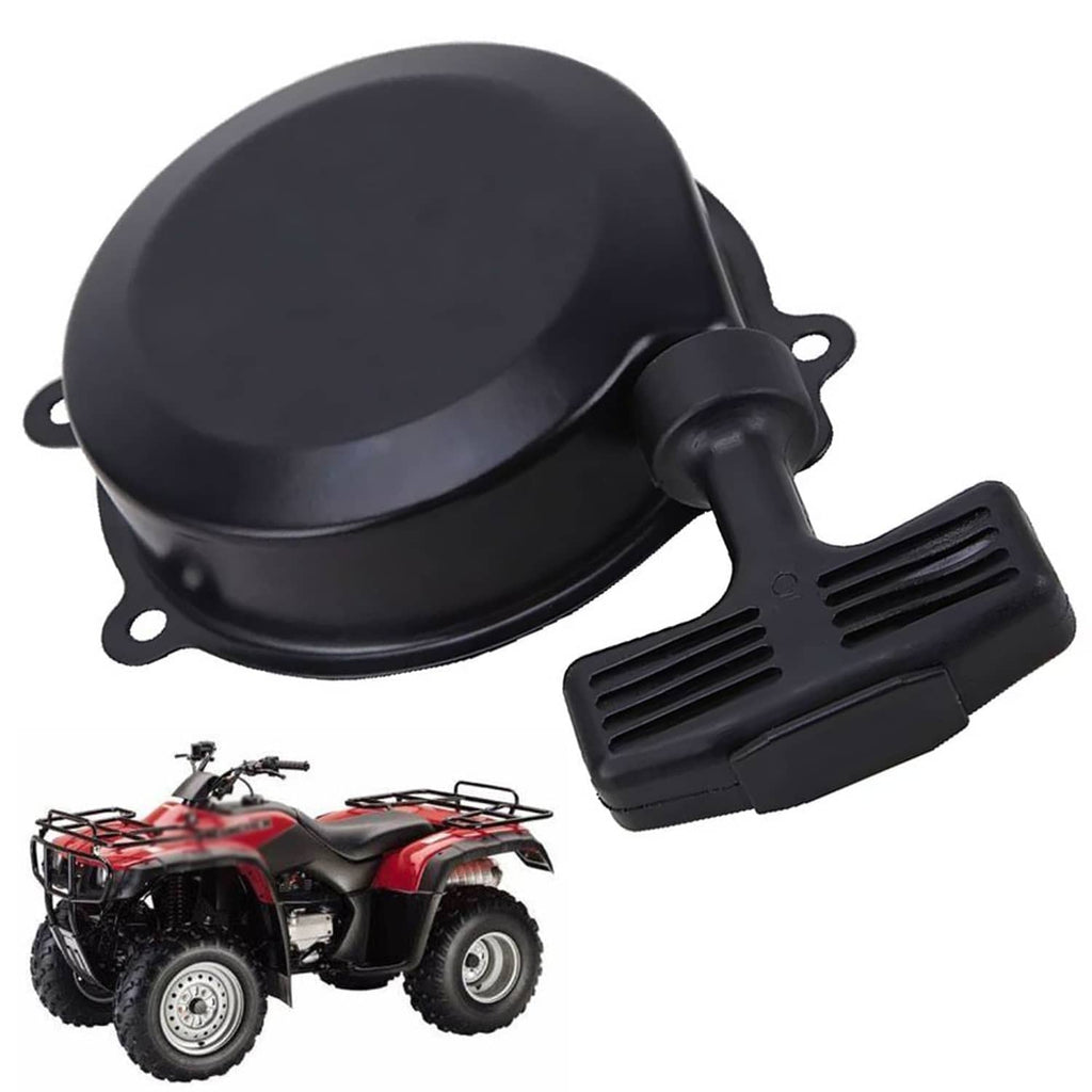 Black recoil starter cover with pull handle and starter rope; compact engine pull unit