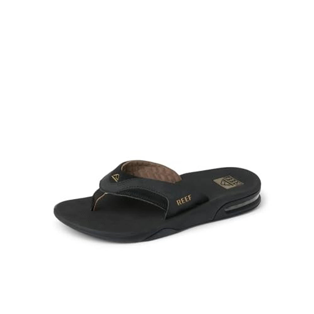 Black thong sandals with brown insole, contoured sole, and logo branding