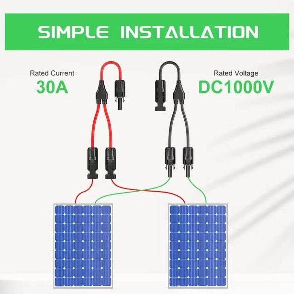 Pair of black MC4 Y solar connectors with red cable leads, dual-output style