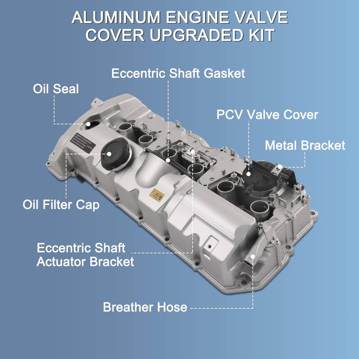 Aluminum engine valve cover upgrade kit diagram showing labeled components