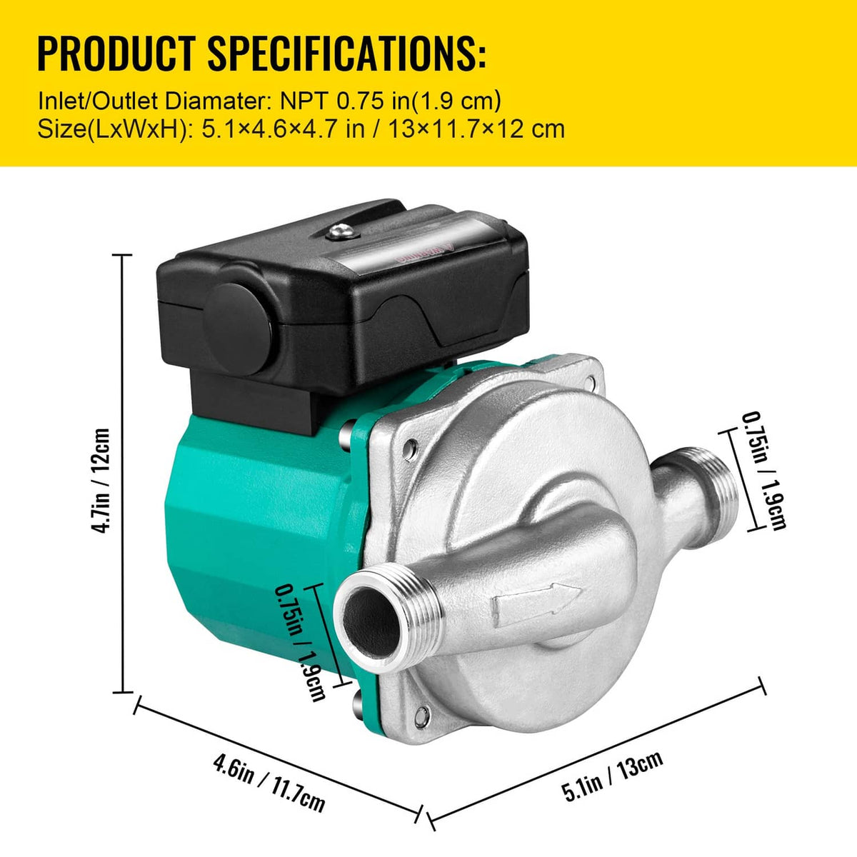 Hot water circulation pump with teal housing, silver volute, and NPT/Outlet fittings