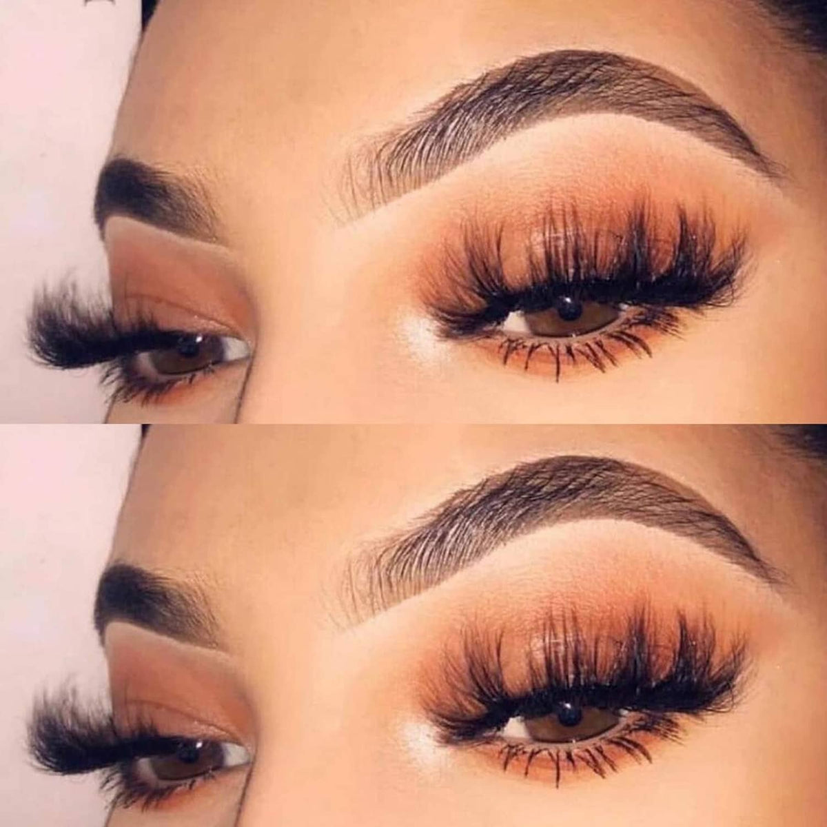 False eyelashes worn by a model in two views, with bold upper lash line.