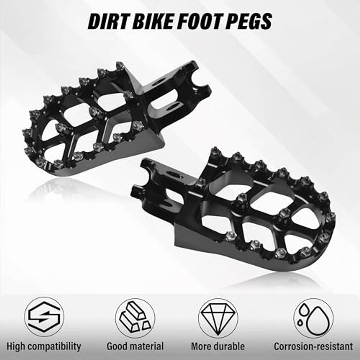 Black wide dirt bike foot pegs, pair, with anti-slip studs for secure rider footing