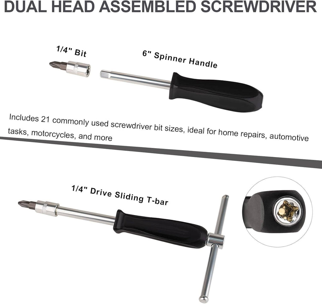 Dual-head screwdriver assembly with 1/4-inch bit, spinner handle, and sliding T-bar