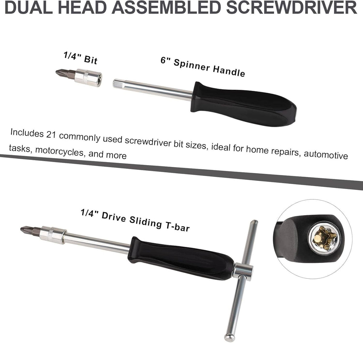 Dual-head screwdriver assembly with 1/4-inch bit, spinner handle, and sliding T-bar