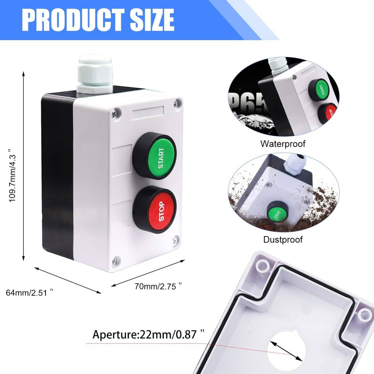 Weather-resistant push button switch box with green START and red STOP buttons