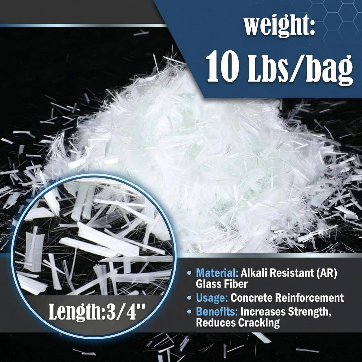 10 lb bag of white fiberglass reinforcement strands for concrete, 3/4 in length