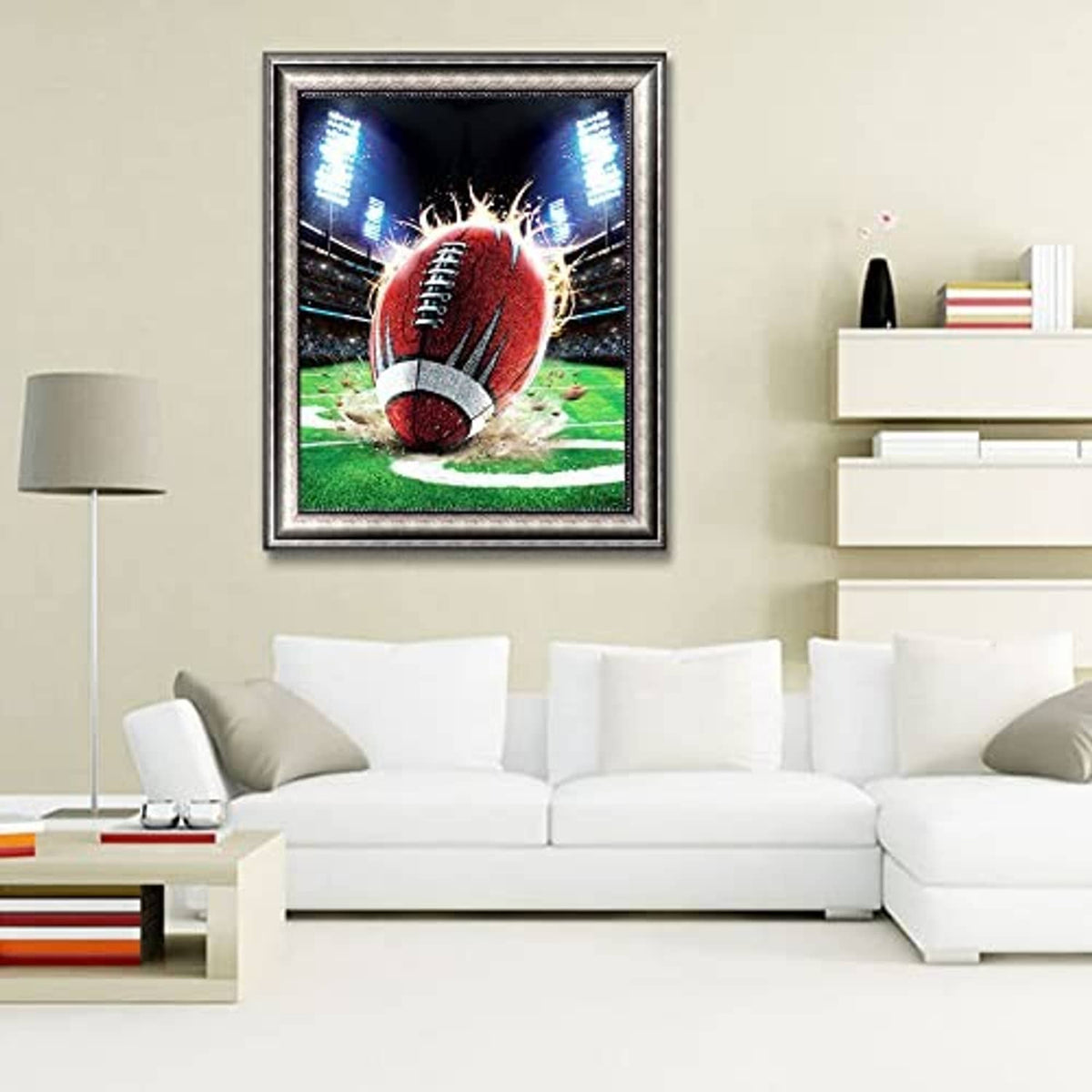 Small framed football diamond painting artwork featuring a red football and stadium lights