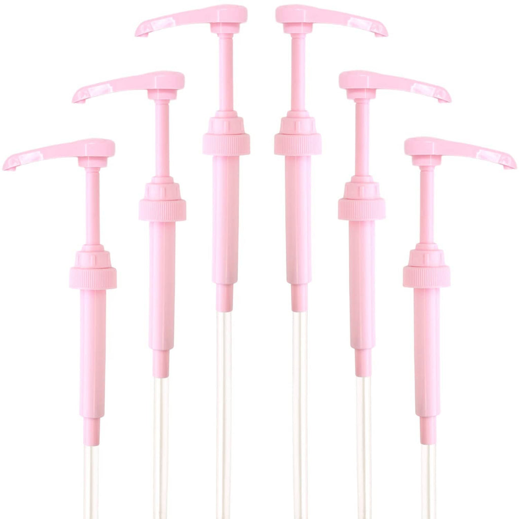 Pink syrup pump dispenser set with long tubes and flip spouts