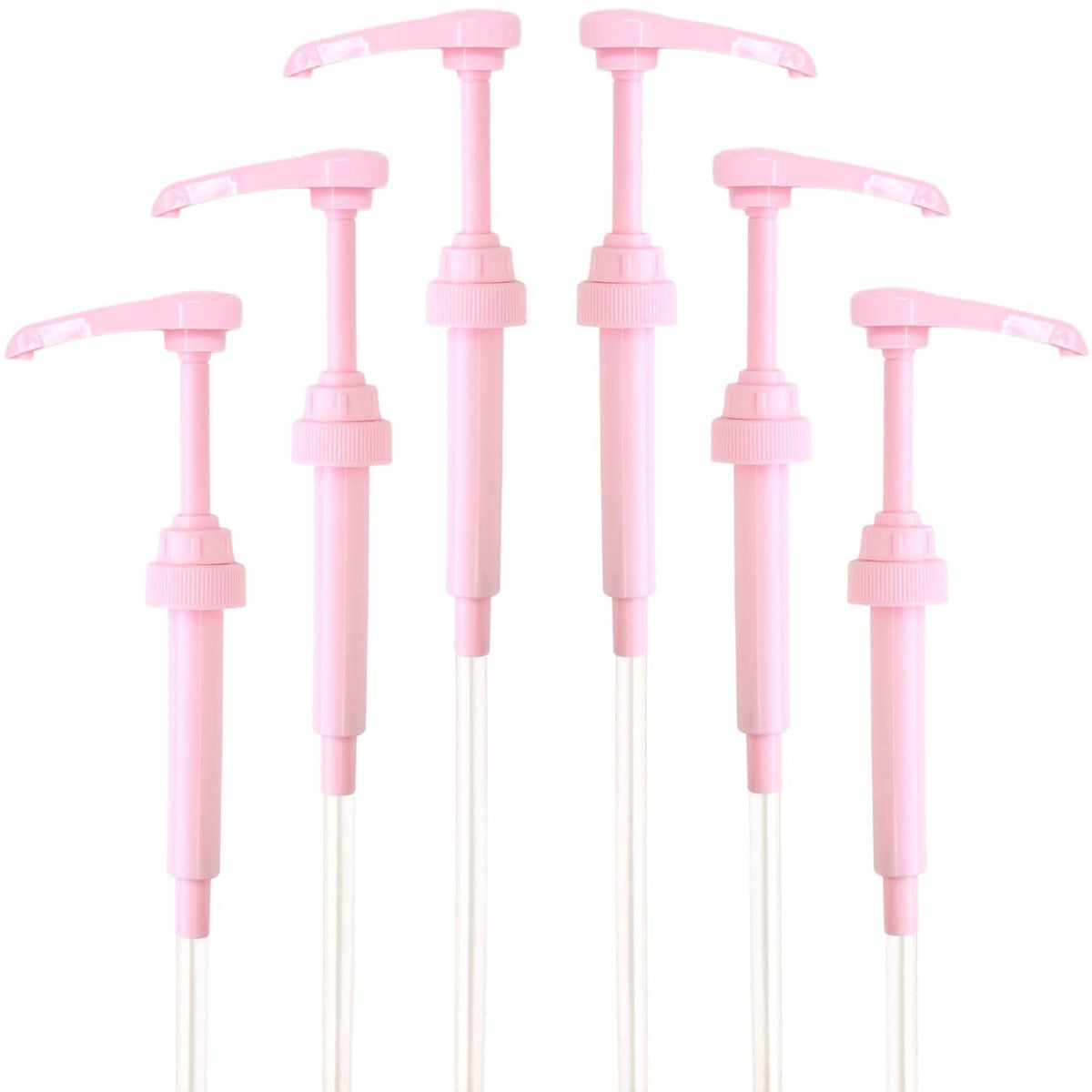 Pink syrup pump dispenser set with long tubes and flip spouts