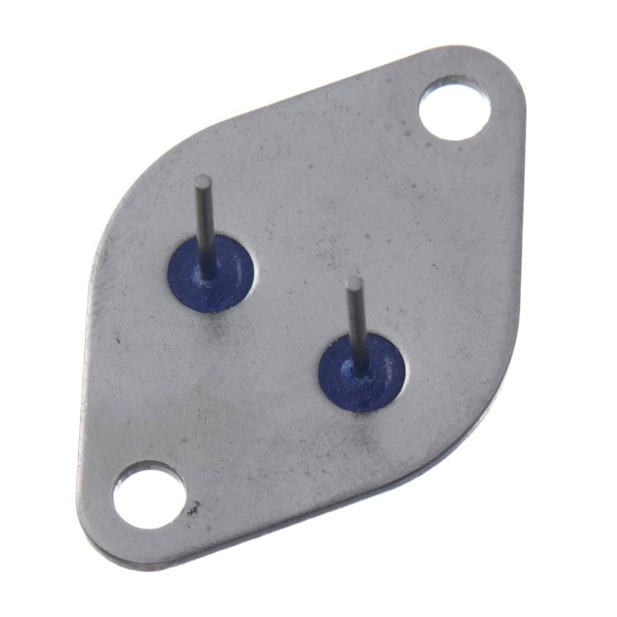 TO-3 transistor underside with two blue leads and two mounting holes