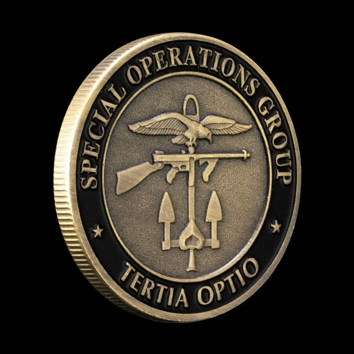 Dark military challenge award coin with winged eagle over rifle and spade symbols