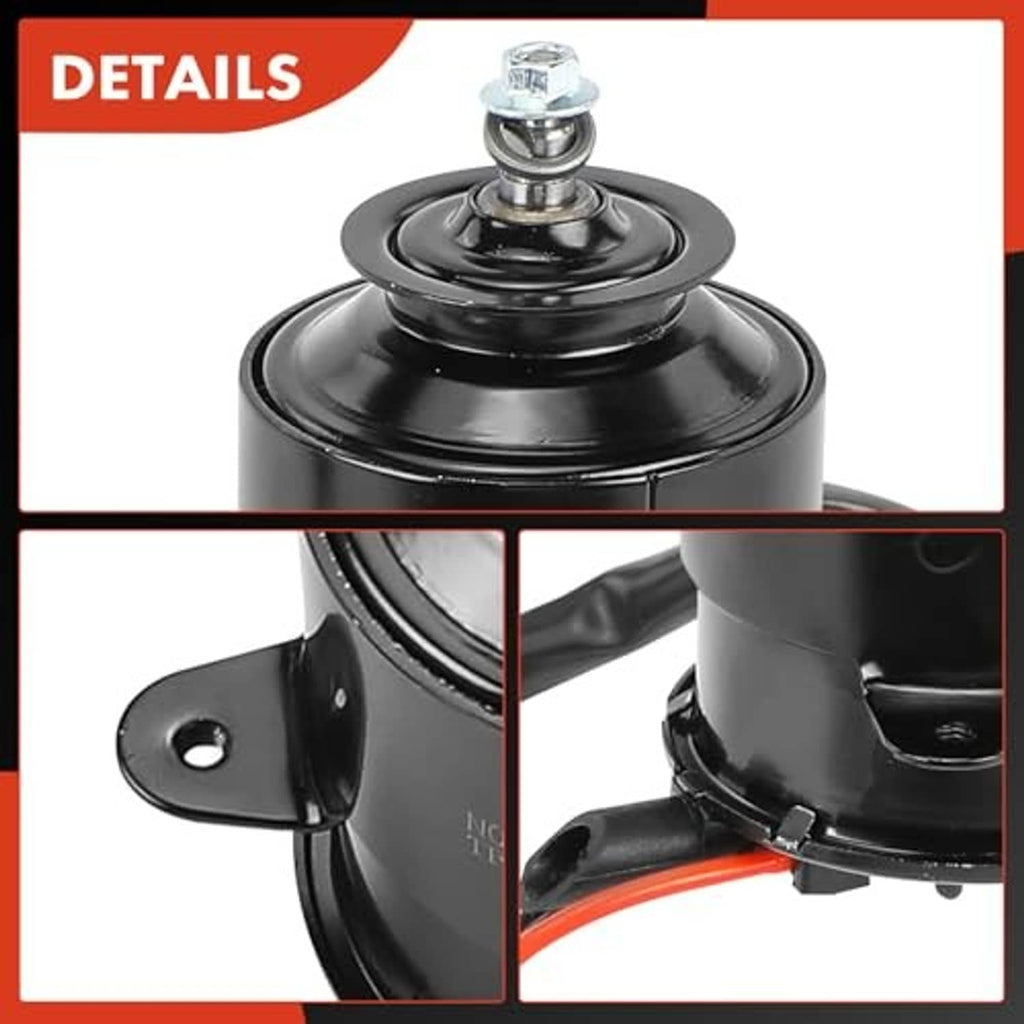 Radiator fan motor close-up with black housing, top bolt, and mounting bracket