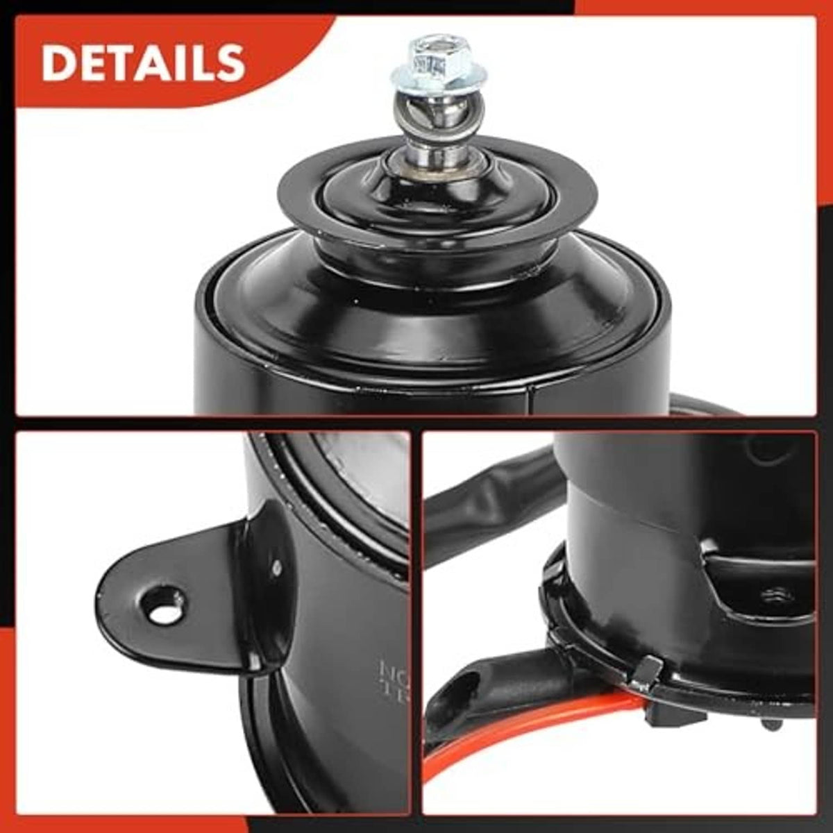Radiator fan motor close-up with black housing, top bolt, and mounting bracket