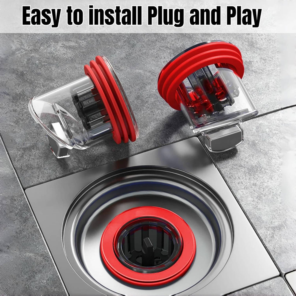 Red top plug floor drain with clear body and hinged side outlet for easy installation