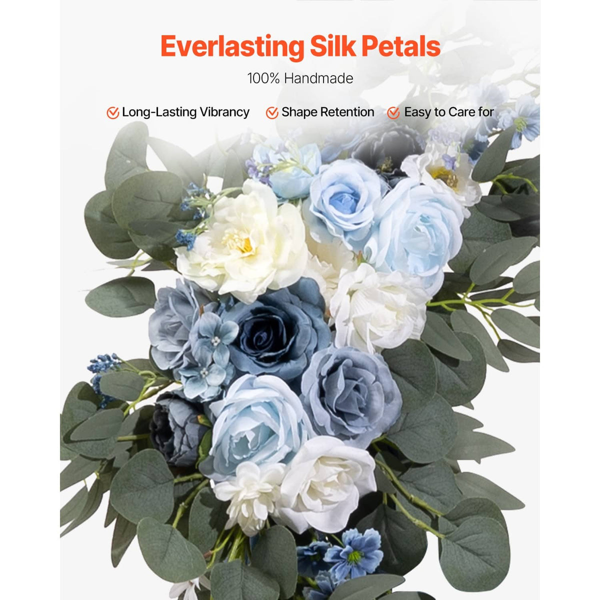 Artificial bouquet with blue and white silk petals and green eucalyptus leaves