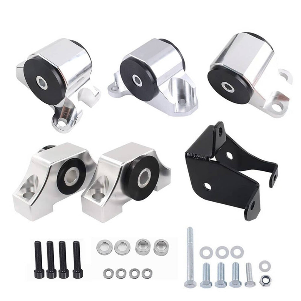 2-bolt engine motor mount kit with silver brackets, black rubber bushings, hardware set