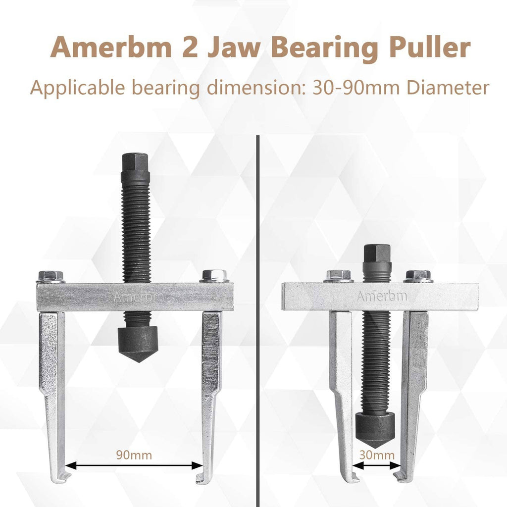 Two-jaw bearing puller with adjustable jaw reach and clamp arms, steel frame
