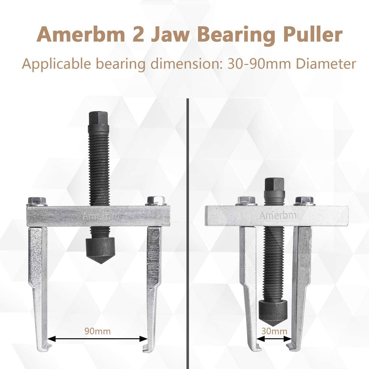 Two-jaw bearing puller with adjustable jaw reach and clamp arms, steel frame