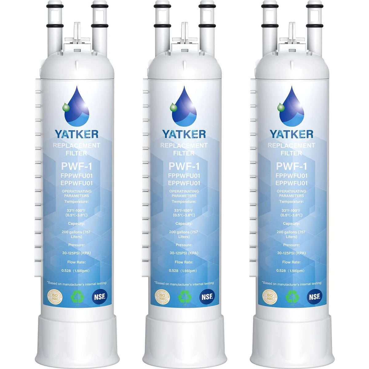 White Yatker refrigerator water filter replacement cartridge, 3-pack set