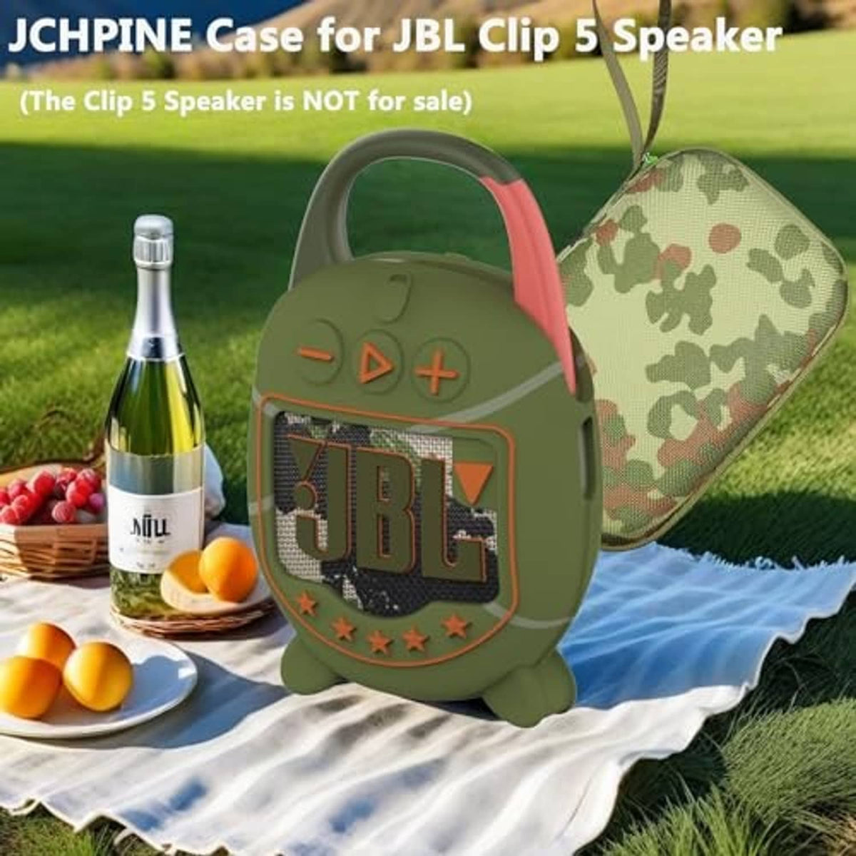 Olive green speaker case with camo side pocket, carrying handle for JBL Clip 5.