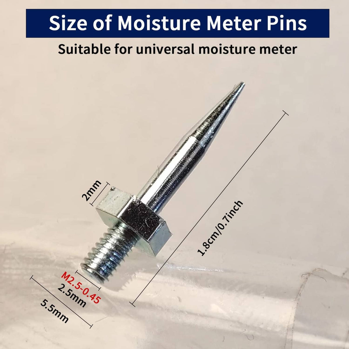 Moisture meter pin with threaded M2.5-0.45 shaft and square metal head