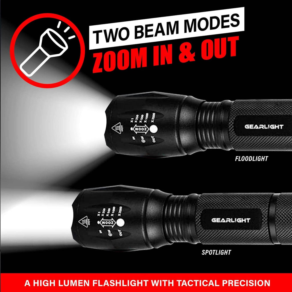 GearLight LED flashlight pair showing two beam settings, black bodies with textured grip
