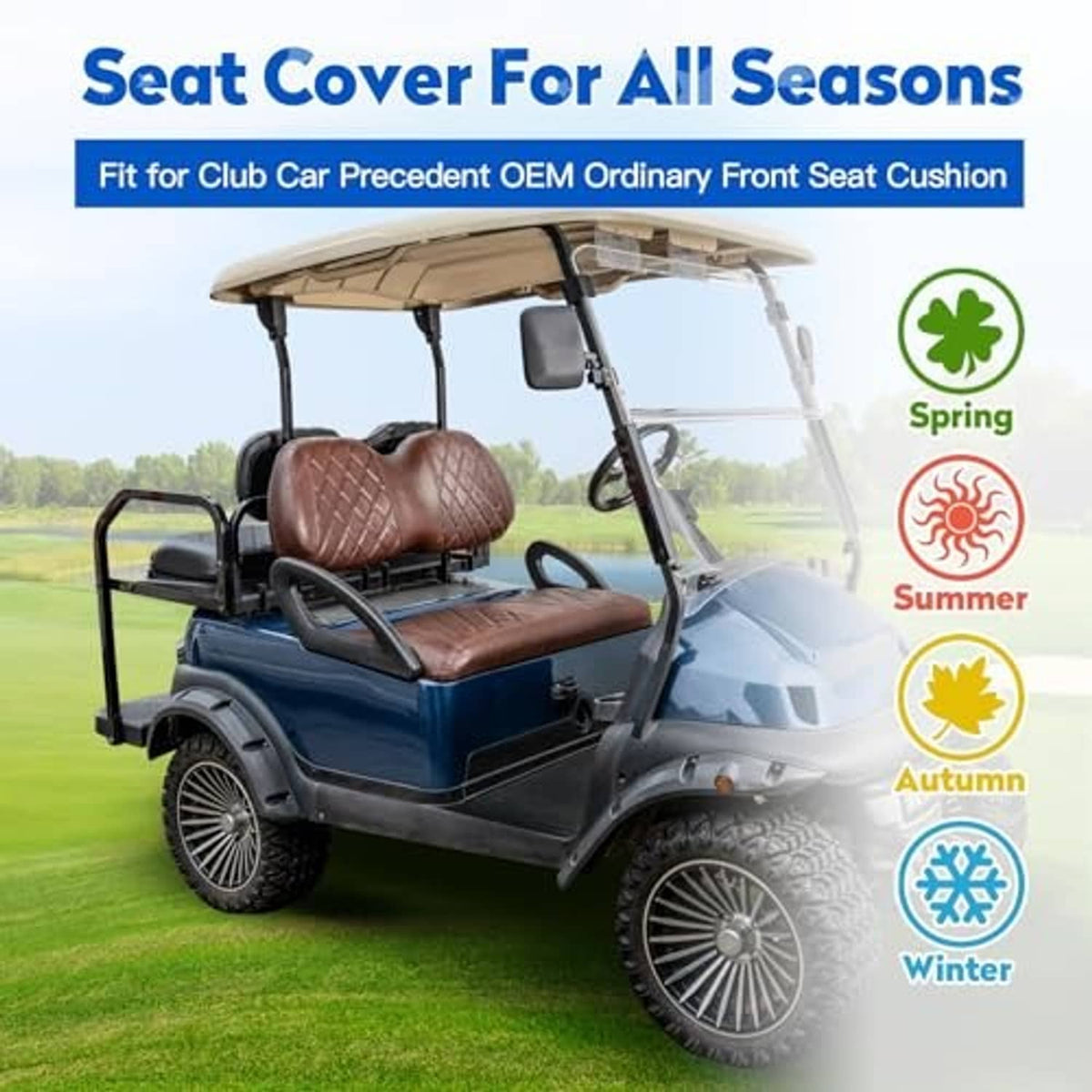 Brown diamond-quilt golf cart seat cover set on cart seat with cushioned backrest