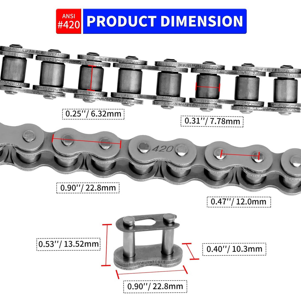 420 roller chain links close-up showing measured pin and plate dimensions
