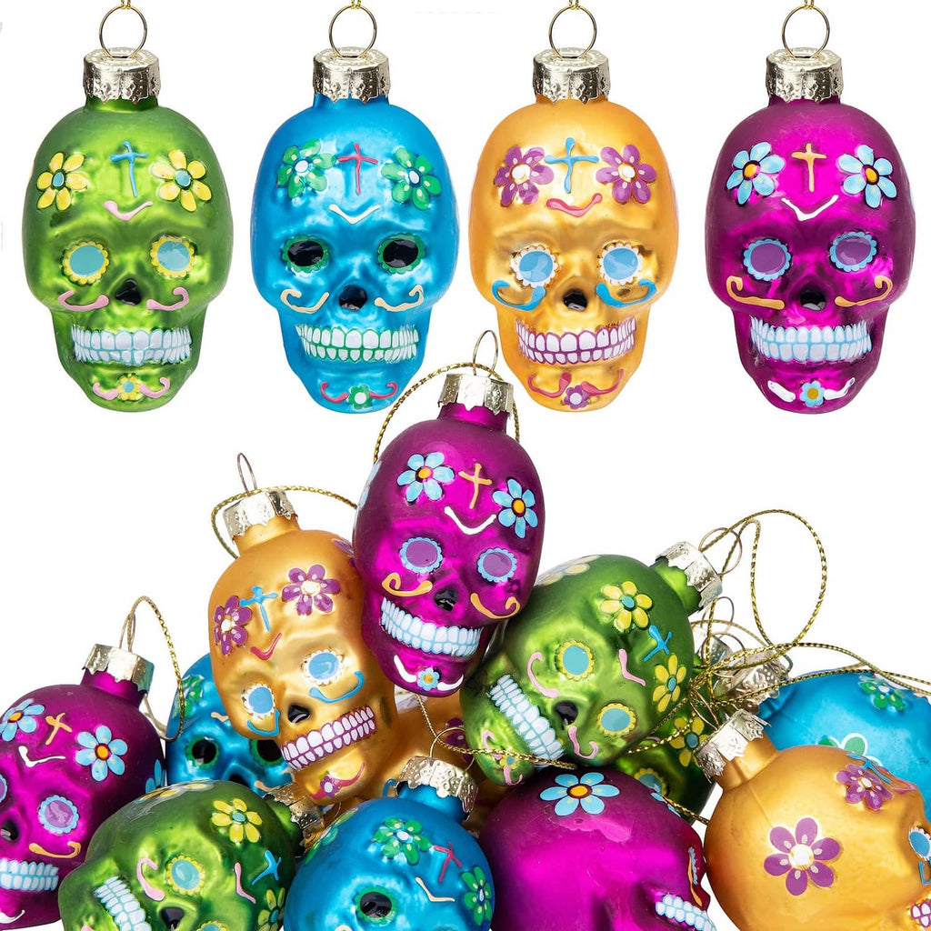 Colorful Day of the Dead glass skull ornaments with hanging loops, assorted sizes