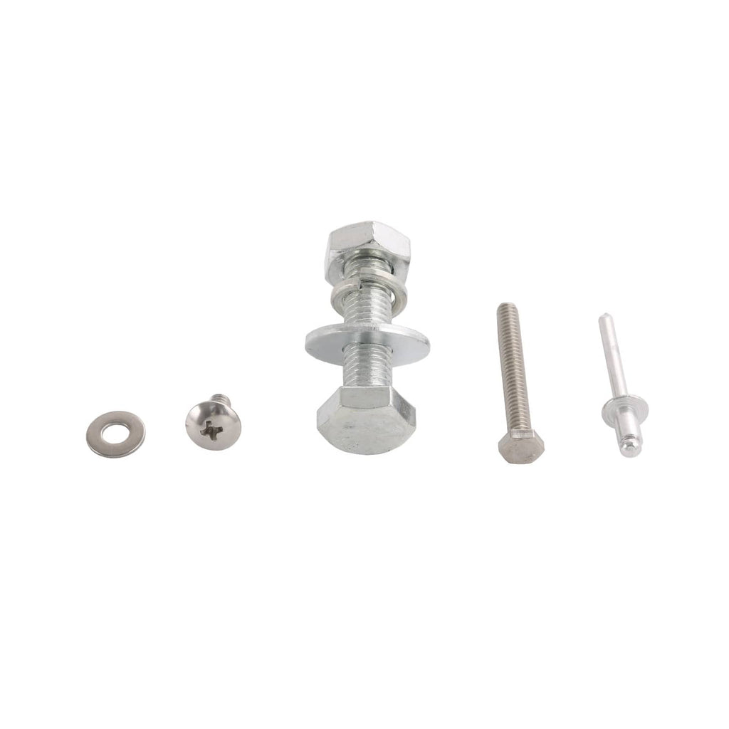 Aluminum fastener kit with hex bolts, screws, washers, and spacers