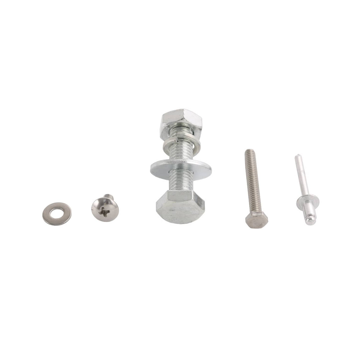 Aluminum fastener kit with hex bolts, screws, washers, and spacers