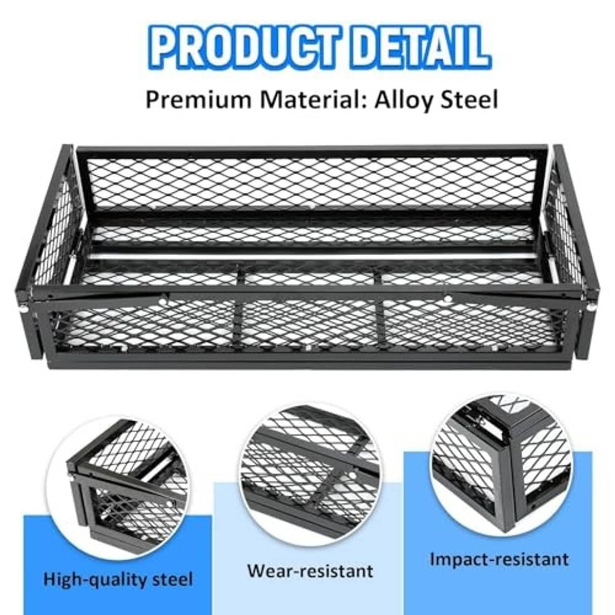 Black steel mesh cargo basket with crossbars and reinforced end corner posts