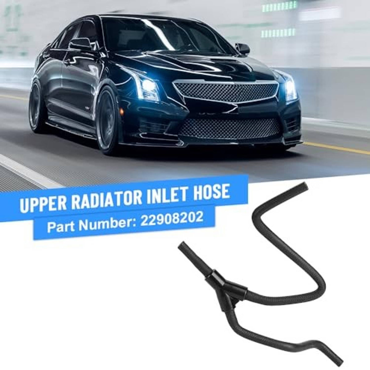 Upper radiator inlet hose, black rubber with molded connector and curved branches
