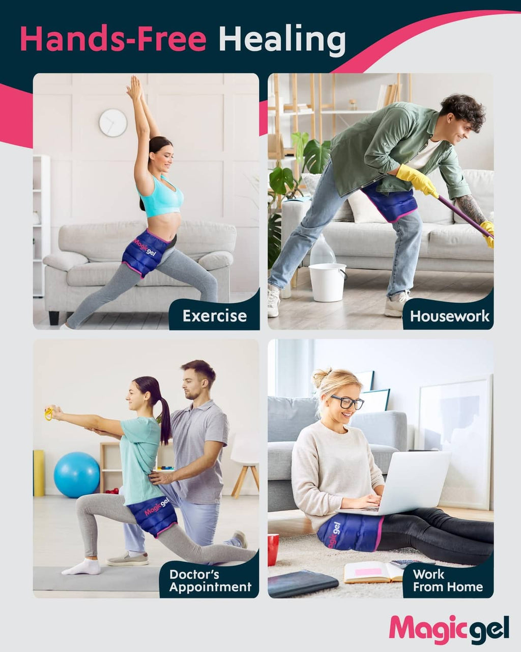 Blue hip ice pack wrap with pink trim, worn while doing exercise and chores