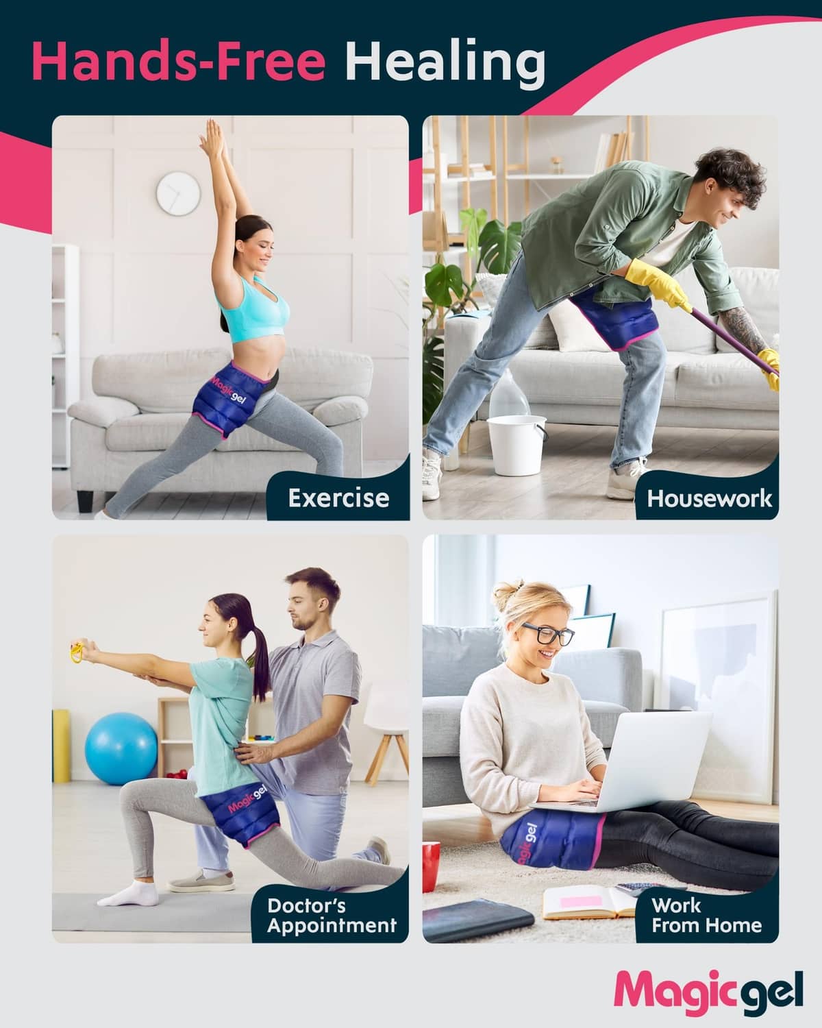 Blue hip ice pack wrap with pink trim, worn while doing exercise and chores