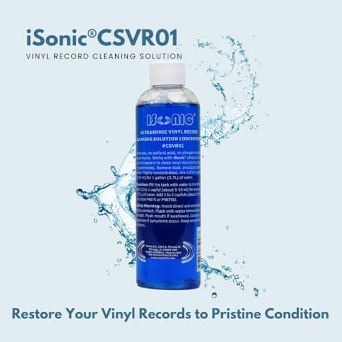 Isonic ultrasonic vinyl record cleaning solution concentrate bottle with blue liquid