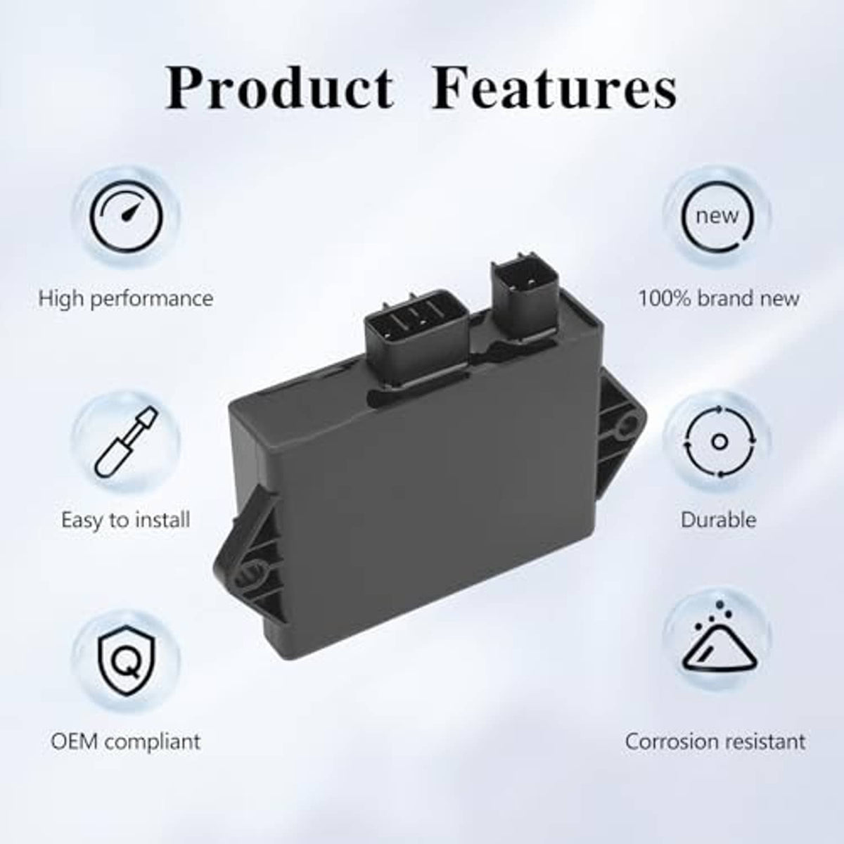 Ignitor module illustrated with front connector ports on black housing