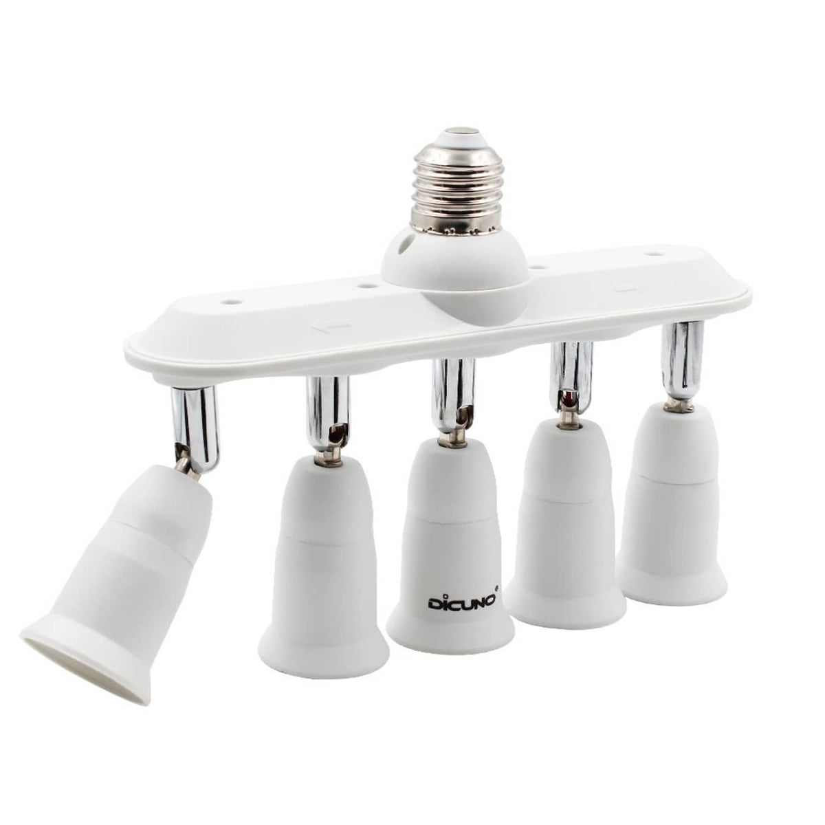 White 5-way E26 light socket splitter with five outlets and one screw base