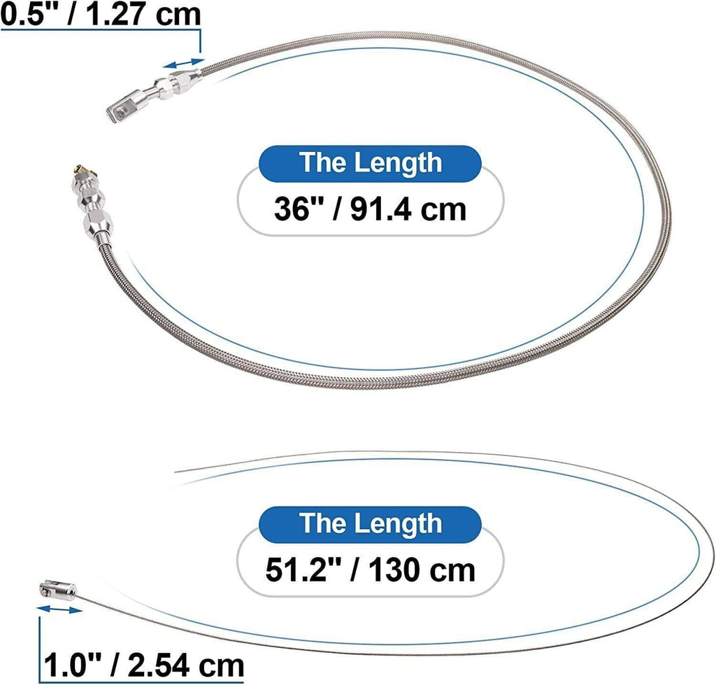 Stainless braided throttle cable with adjuster fittings, shown in two length options